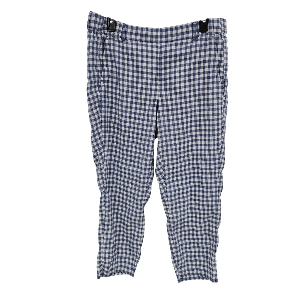 J Jill Linen Stretch Pants Women L Blue Gingham Check‎ Crop Cottagecore Picnic